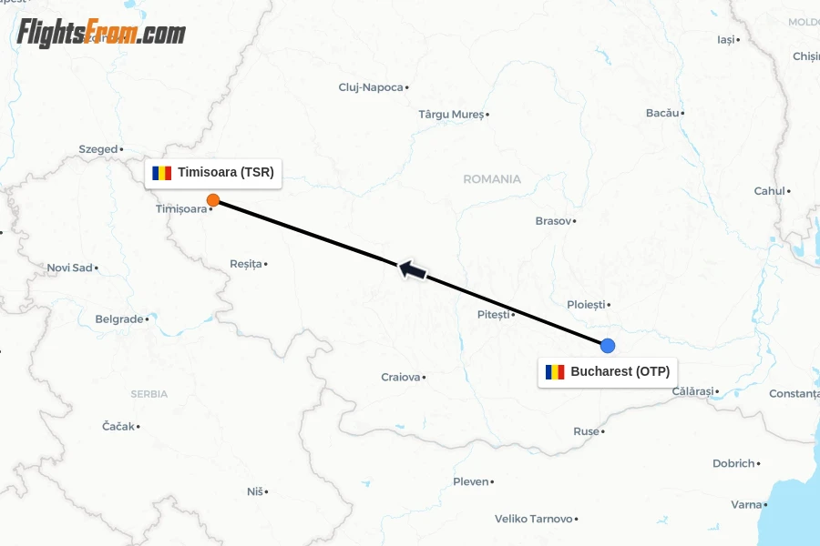 Flights from Bucharest to Timisoara route map