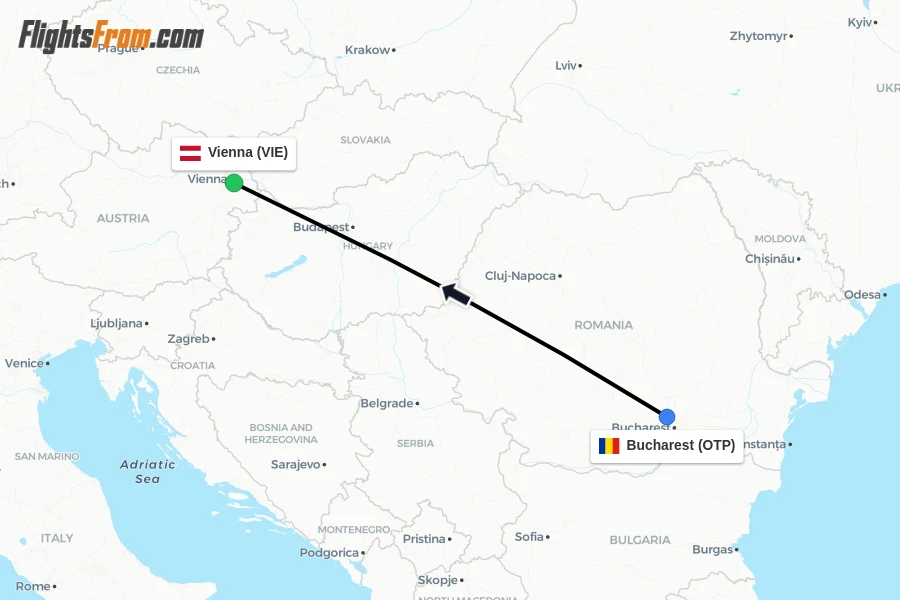 Flights from Bucharest to Vienna route map