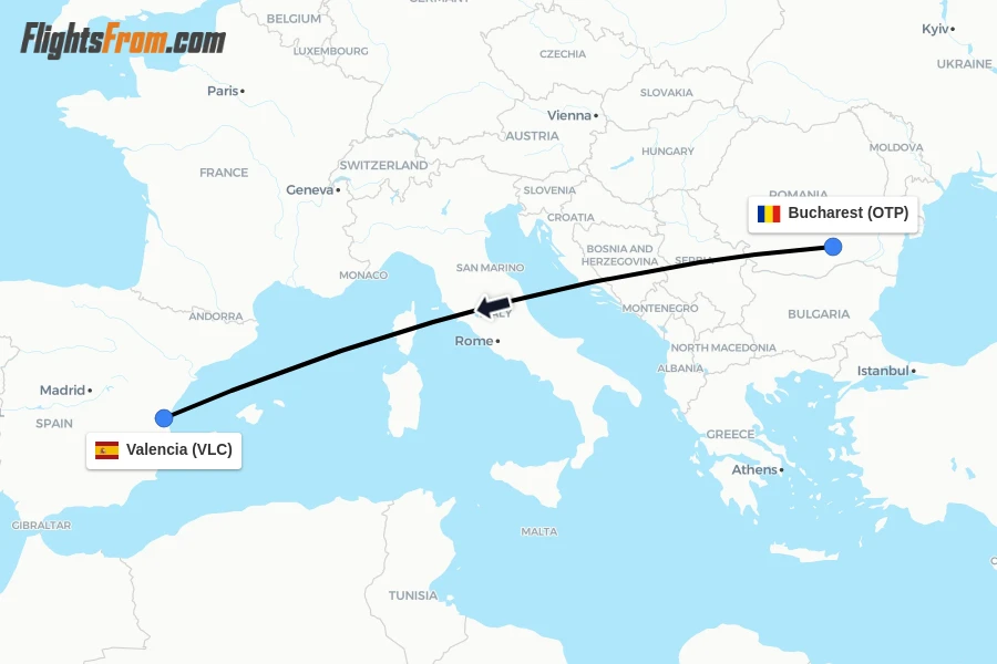 Flights from Bucharest to Valencia route map