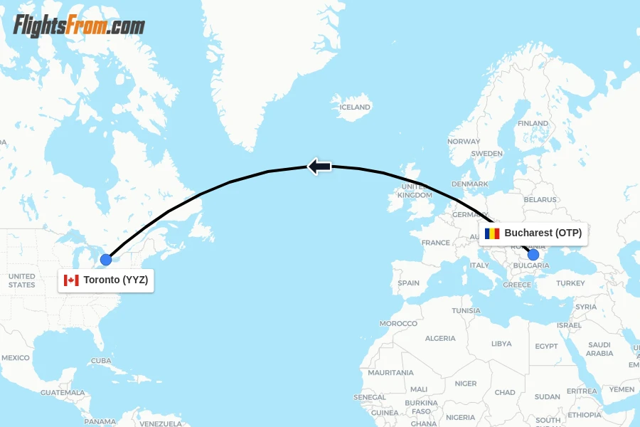 Flights from Bucharest to Toronto route map