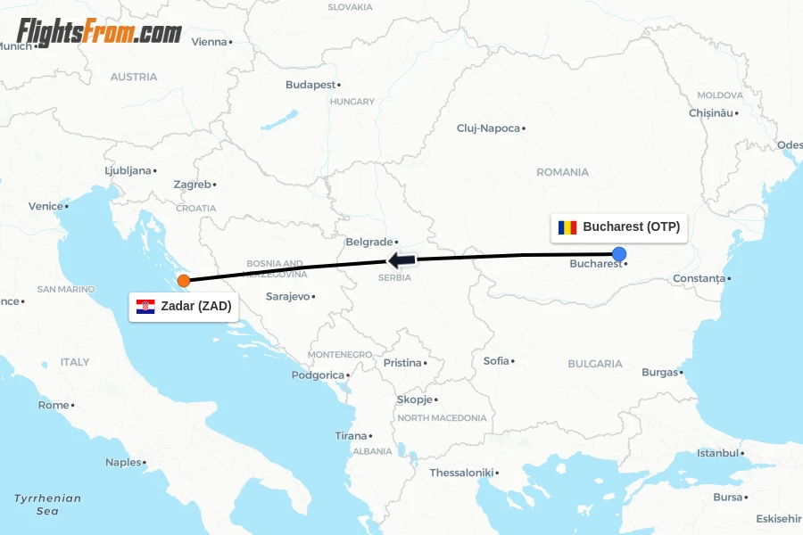 Flights from Bucharest to Zadar route map