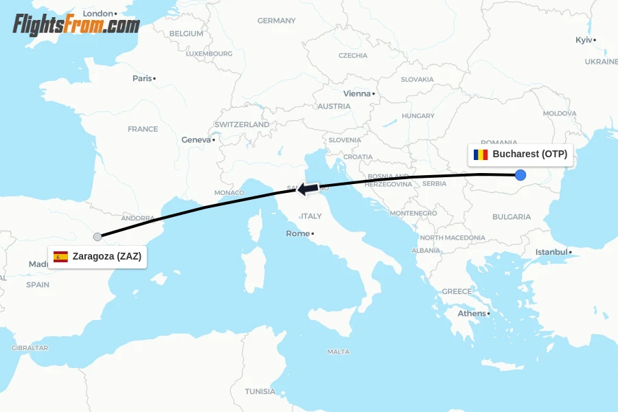 Flights from Bucharest to Zaragoza route map