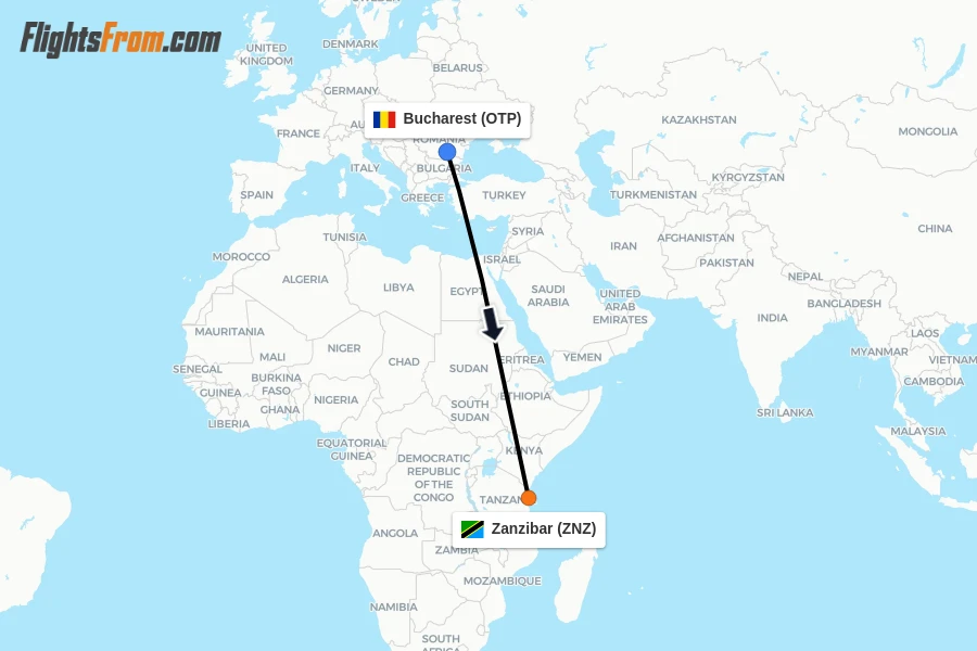 Flights from Bucharest to Zanzibar route map