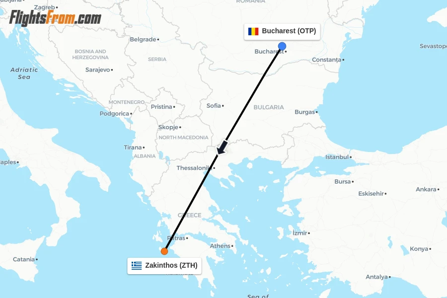 Flights from Bucharest to Zakinthos route map