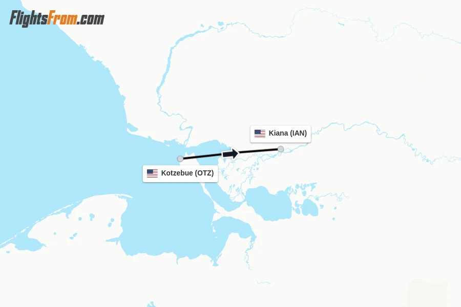 Flights from Kotzebue to Kiana route map
