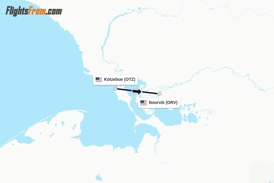 Flights from Kotzebue to Noorvik route map