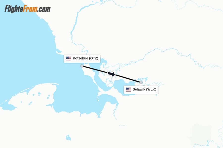 Flights from Kotzebue to Selawik route map