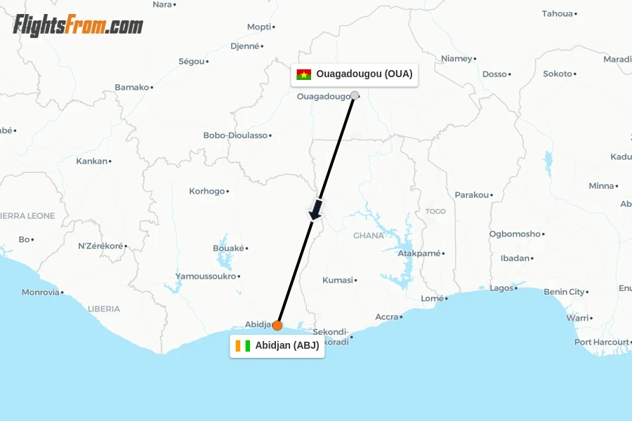 Flights from Ouagadougou to Abidjan route map
