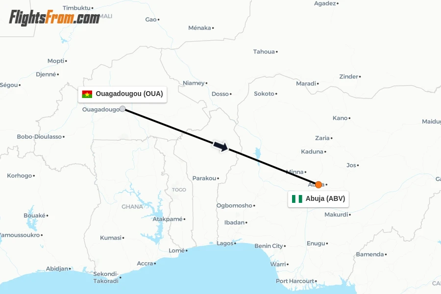 Flights from Ouagadougou to Abuja route map