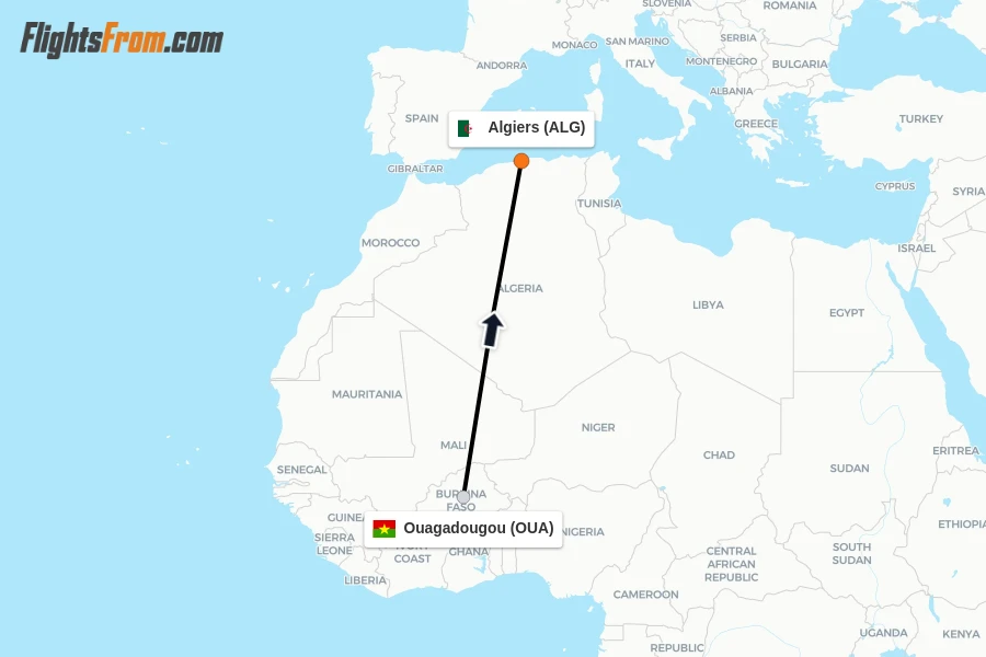 Flights from Ouagadougou to Algiers route map