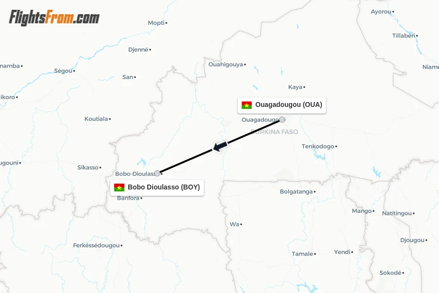 Flights from Ouagadougou to Bobo Dioulasso route map