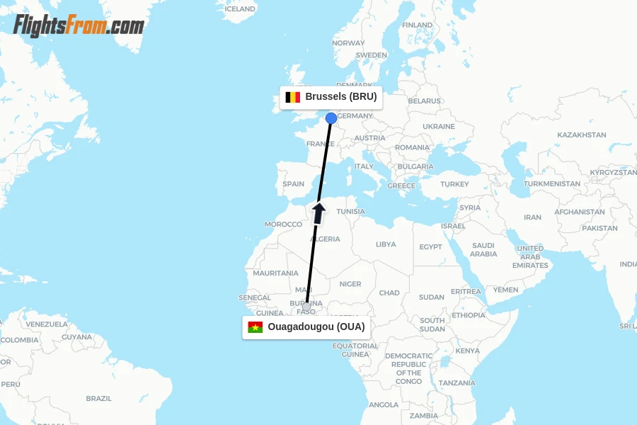 Flights from Ouagadougou to Brussels route map