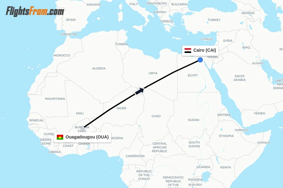 Flights from Ouagadougou to Cairo route map