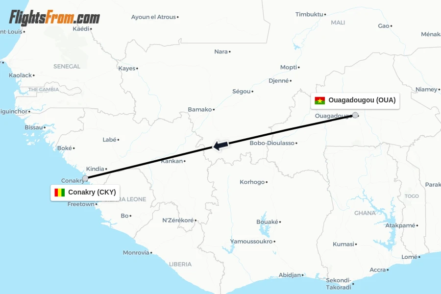 Flights from Ouagadougou to Conakry route map
