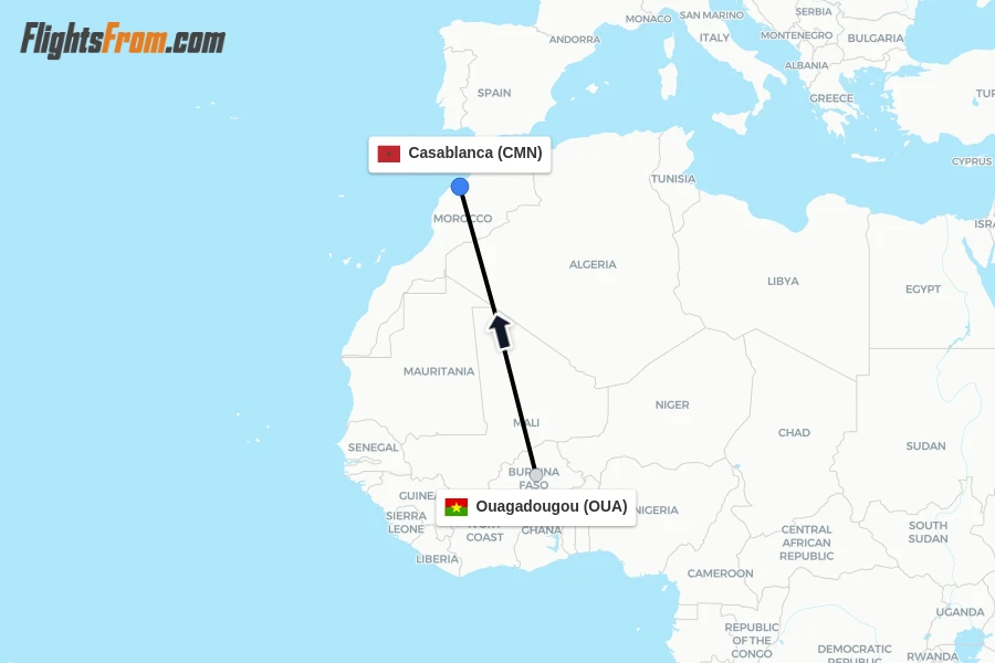 Flights from Ouagadougou to Casablanca route map