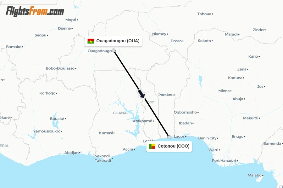Flights from Ouagadougou to Cotonou route map