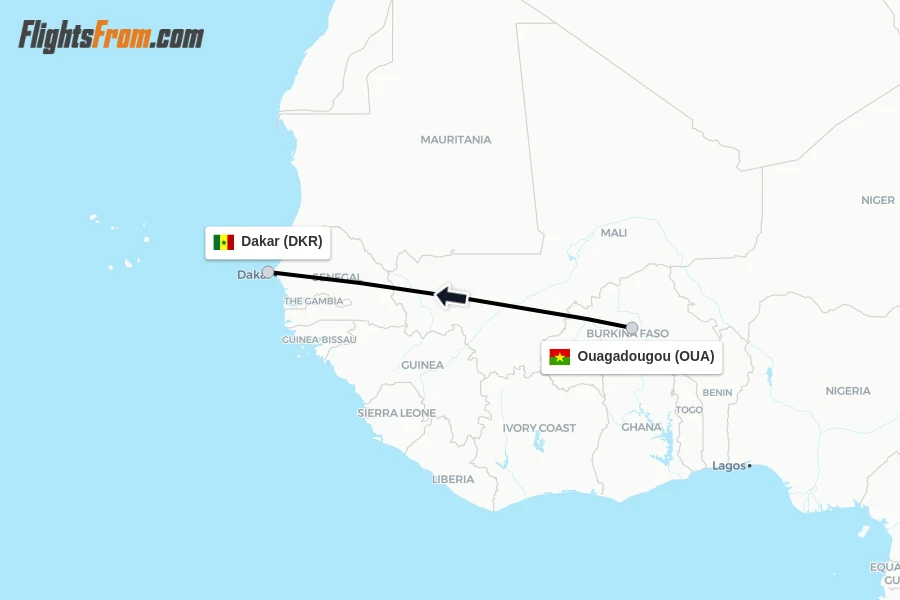 Flights from Ouagadougou to Dakar route map
