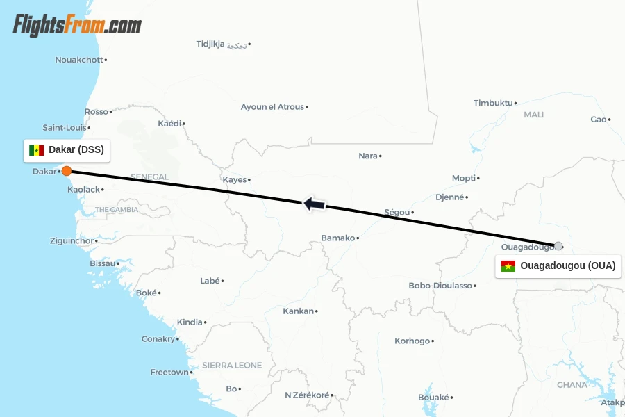 Flights from Ouagadougou to Dakar route map