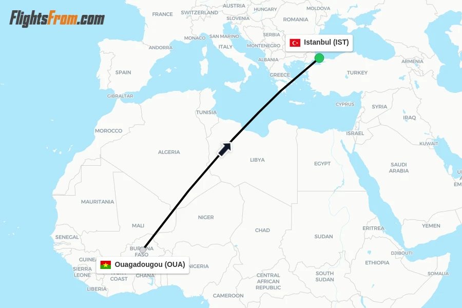 Flights from Ouagadougou to Istanbul route map