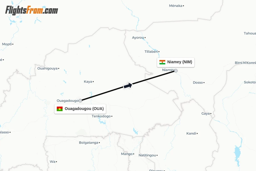 Flights from Ouagadougou to Niamey route map