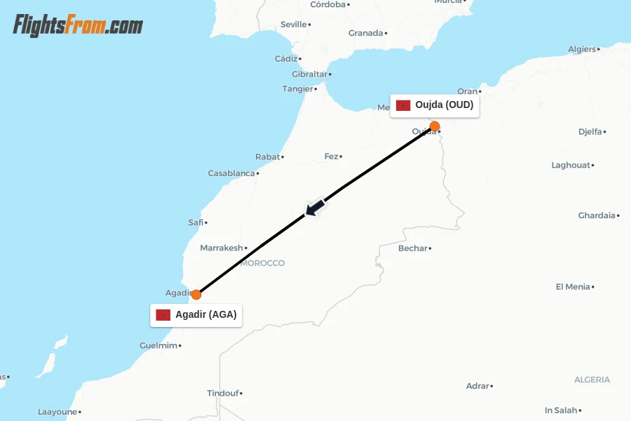 Flights from Oujda to Agadir route map