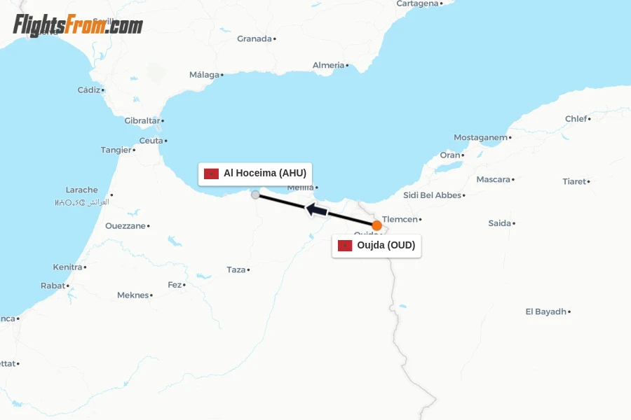 Flights from Oujda to Al Hoceima route map