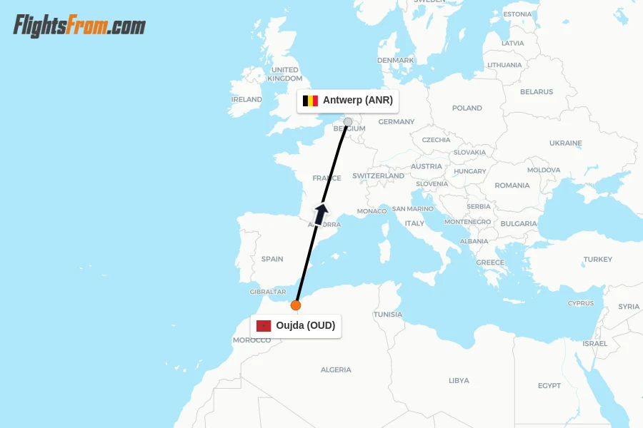 Flights from Oujda to Antwerp route map