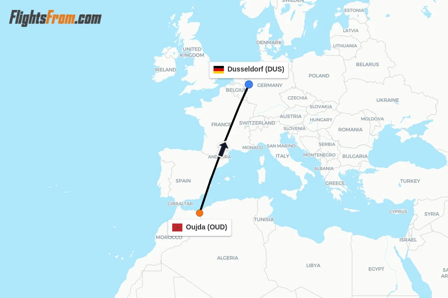 Flights from Oujda to Dusseldorf route map
