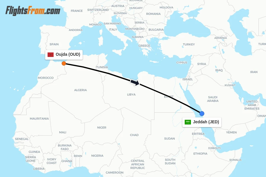Flights from Oujda to Jeddah route map