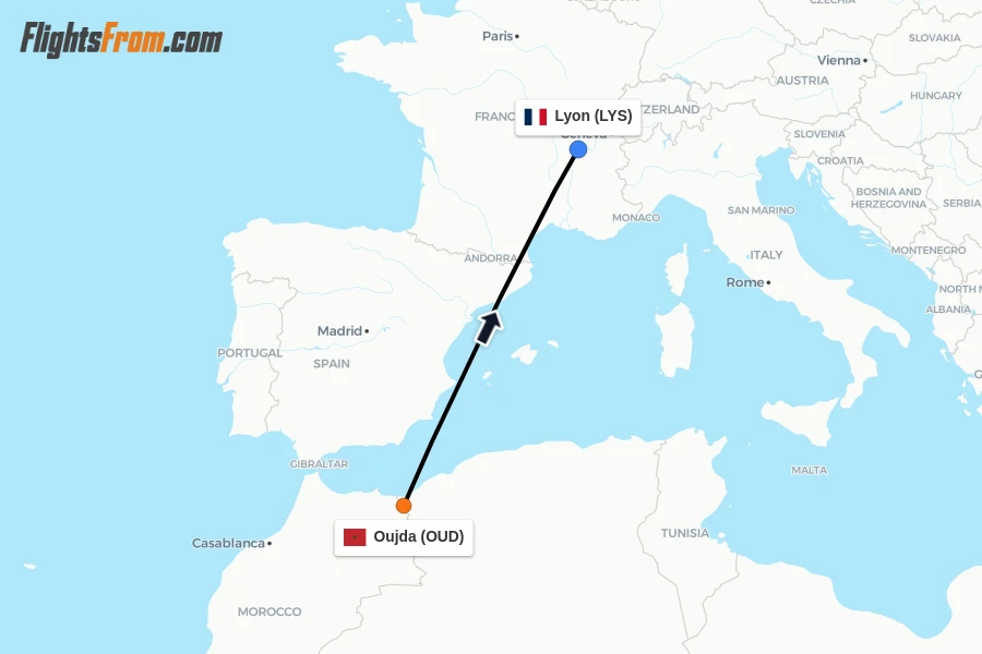 Flights from Oujda to Lyon route map