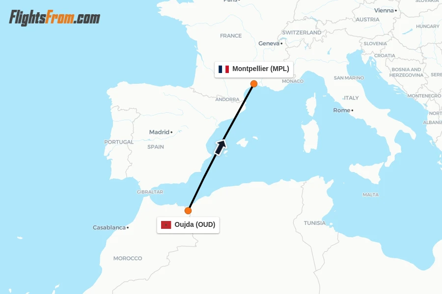 Flights from Oujda to Montpellier route map