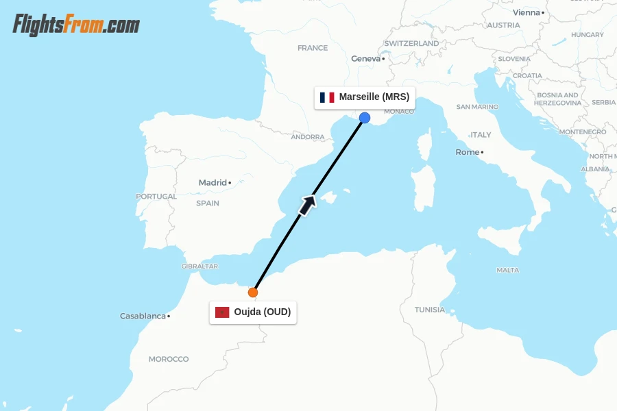 Flights from Oujda to Marseille route map