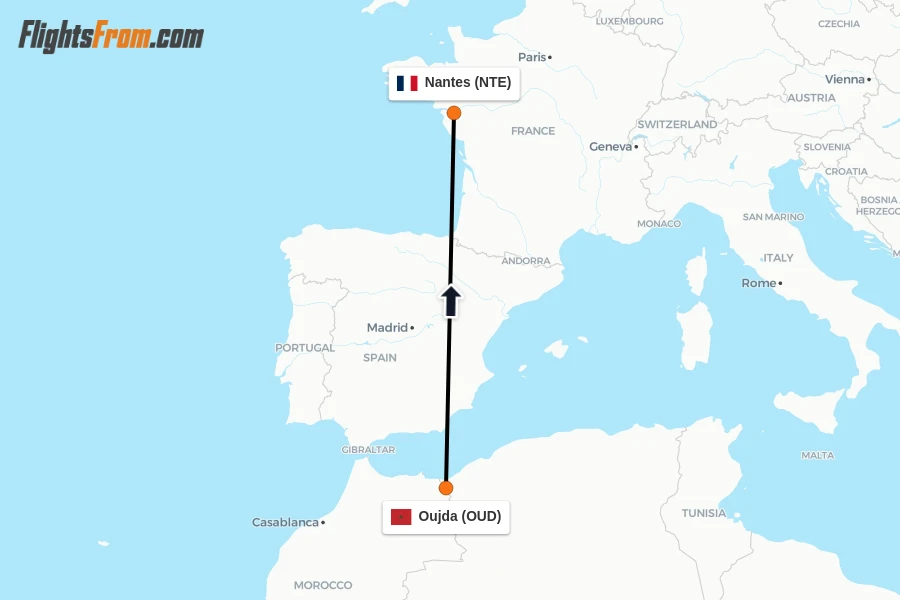 Flights from Oujda to Nantes route map