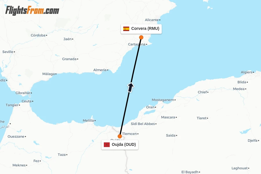 Flights from Oujda to Corvera route map