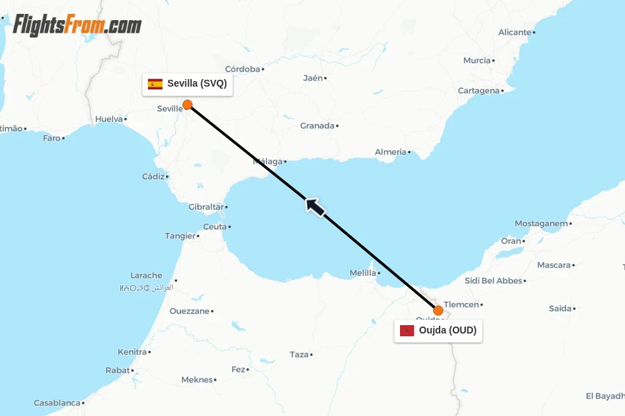 Flights from Oujda to Sevilla route map