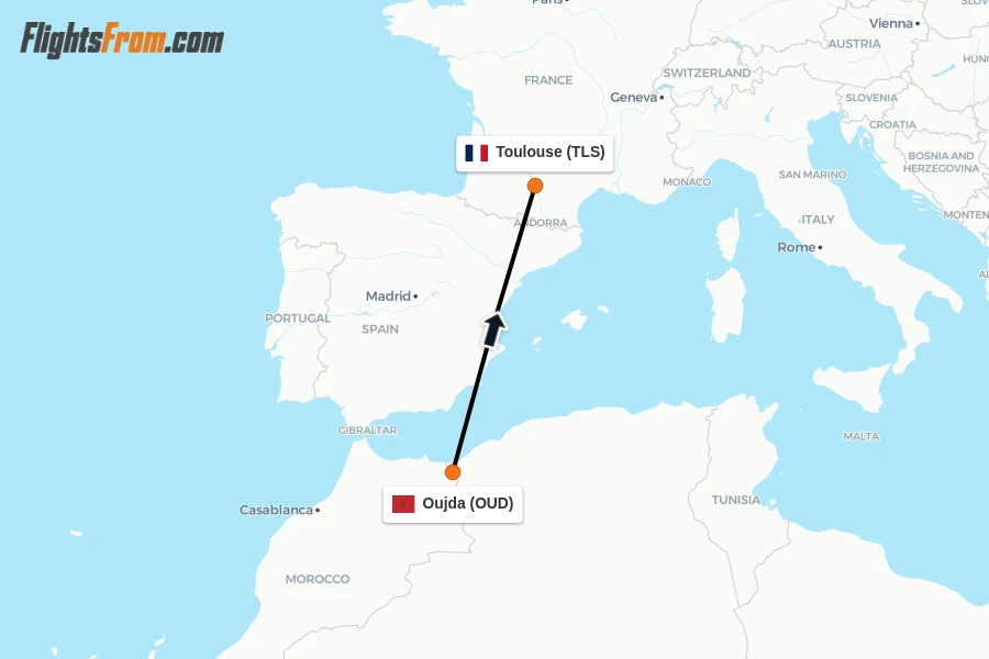 Flights from Oujda to Toulouse route map