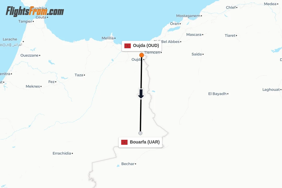 Flights from Oujda to Bouarfa route map