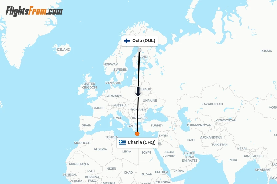Flights from Oulu to Chania route map