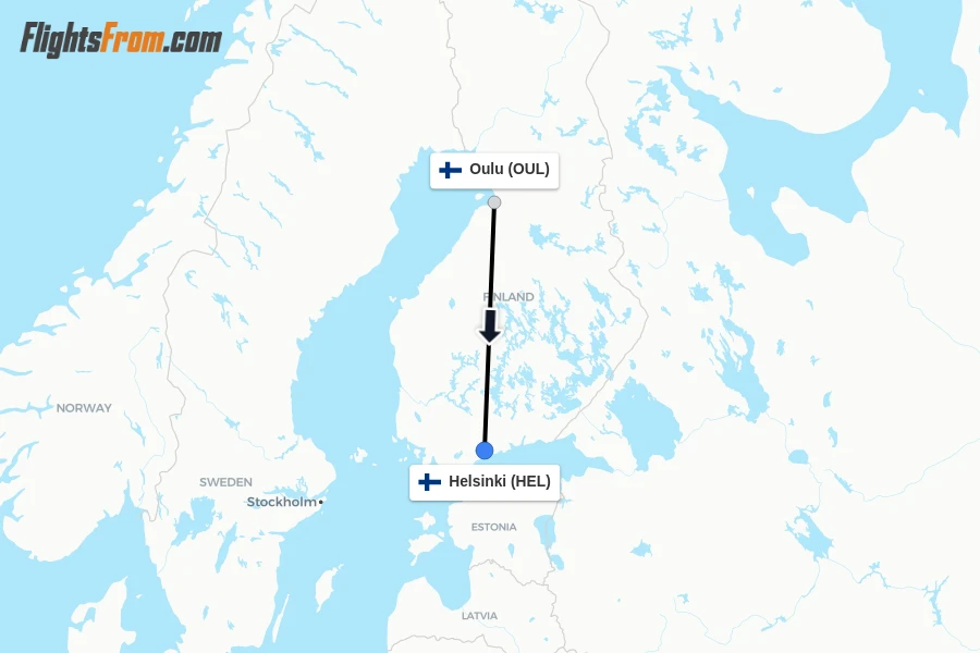 Flights from Oulu to Helsinki route map