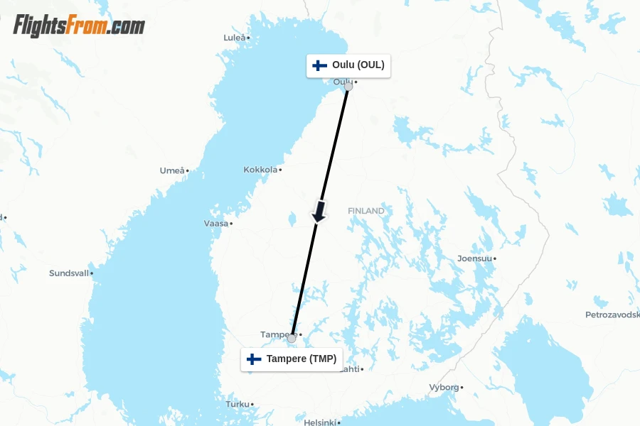 Flights from Oulu to Tampere route map