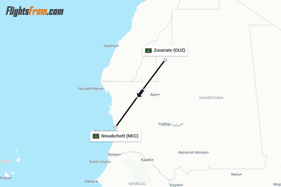 Flights from Zouerate to Nouakchott route map