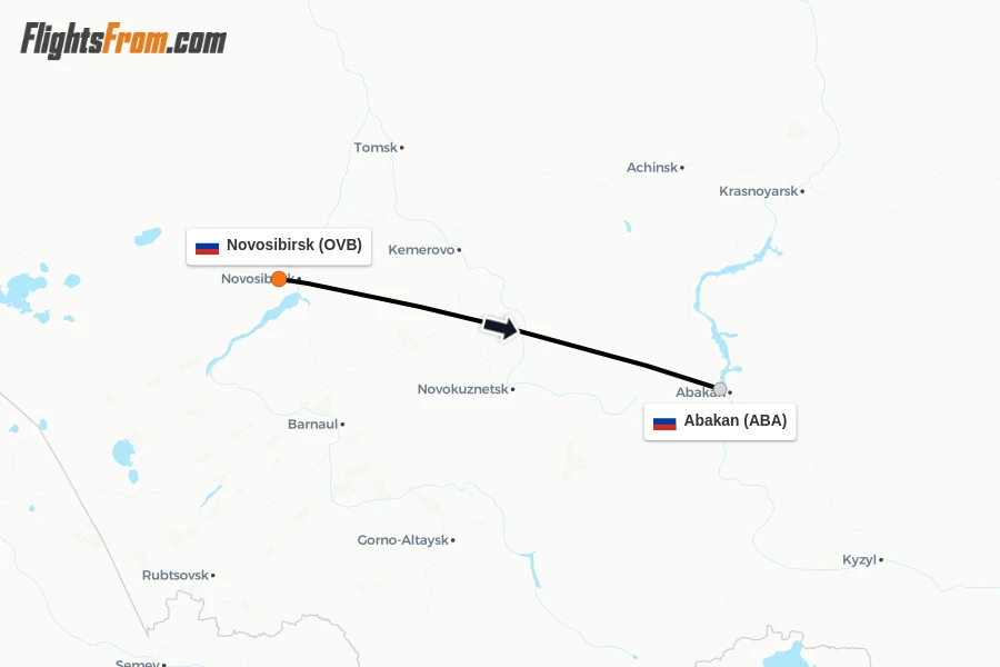 Flights from Novosibirsk to Abakan route map