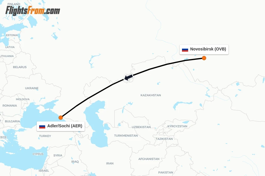 Flights from Novosibirsk to Adler/Sochi route map