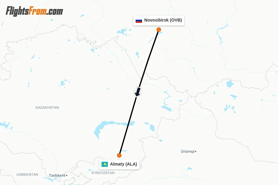 Flights from Novosibirsk to Almaty route map