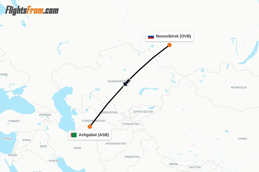 Flights from Novosibirsk to Ashgabat route map