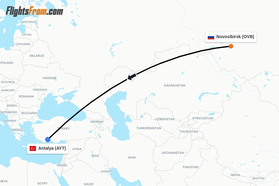 Flights from Novosibirsk to Antalya route map