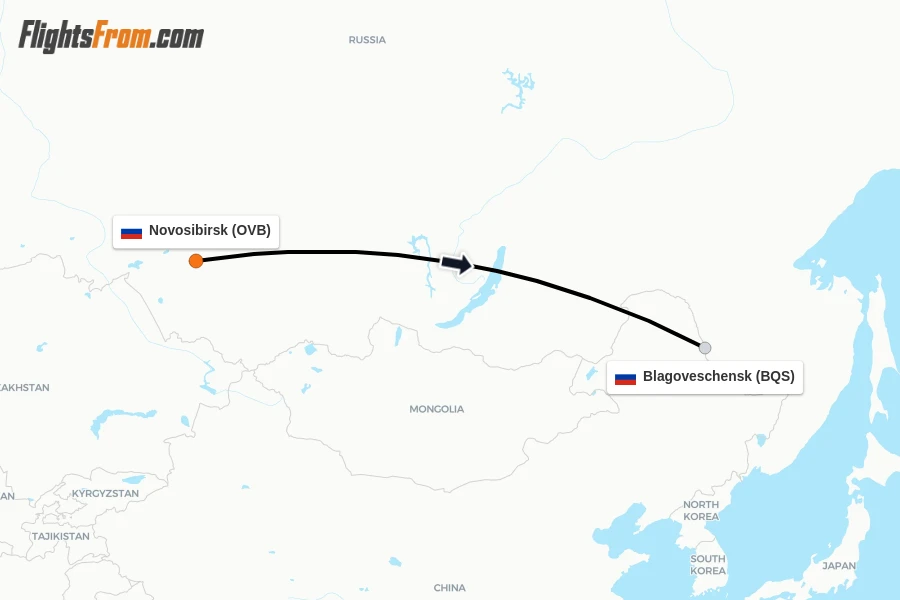 Flights from Novosibirsk to Blagoveschensk route map