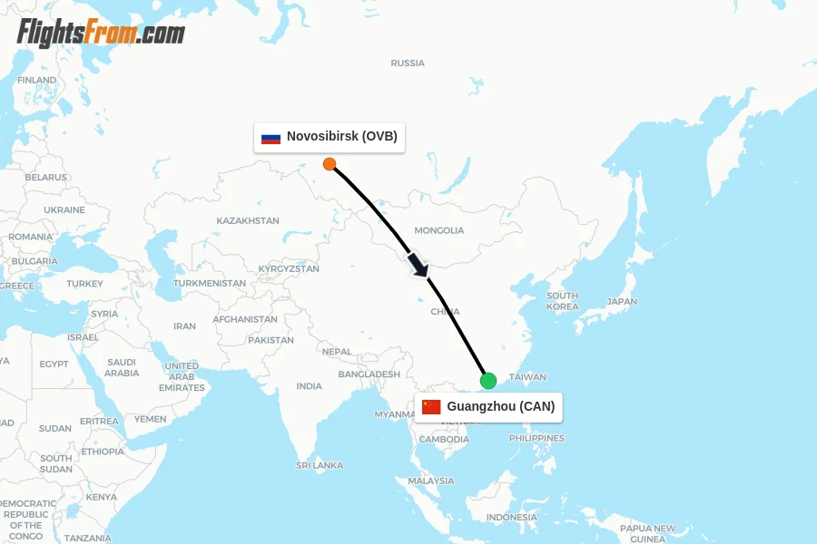 Flights from Novosibirsk to Guangzhou route map