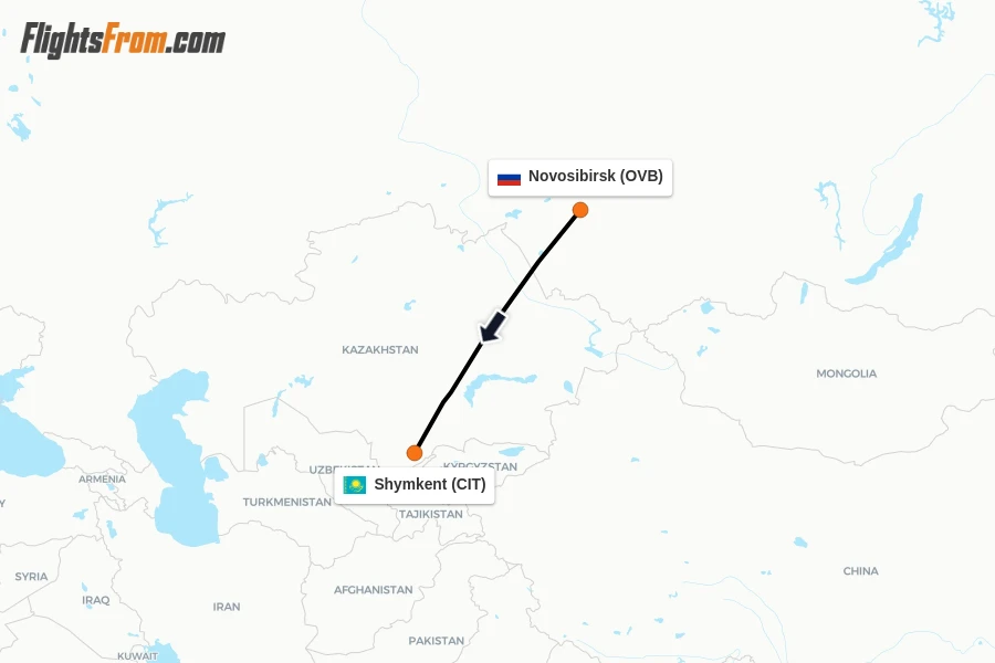 Flights from Novosibirsk to Shymkent route map
