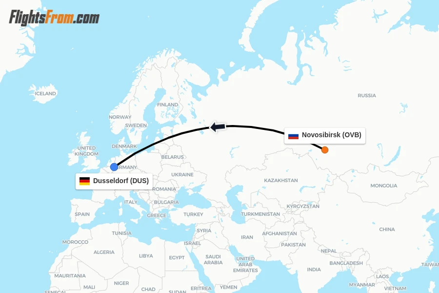Flights from Novosibirsk to Dusseldorf route map